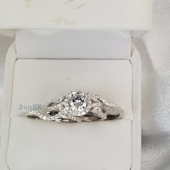 NEW 925 STERLING SILVER HALO DIAMOND ROUND CUT WEDDING RINGS ENGAGEMENT RINGS - Picture 2 of 5